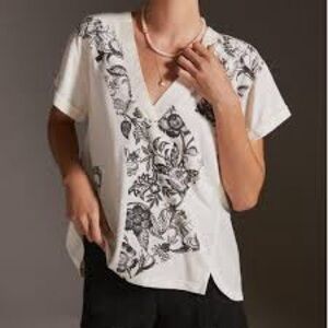 Anthropologie Daily Practice Floral Vneck Top Cream Black Size Medium